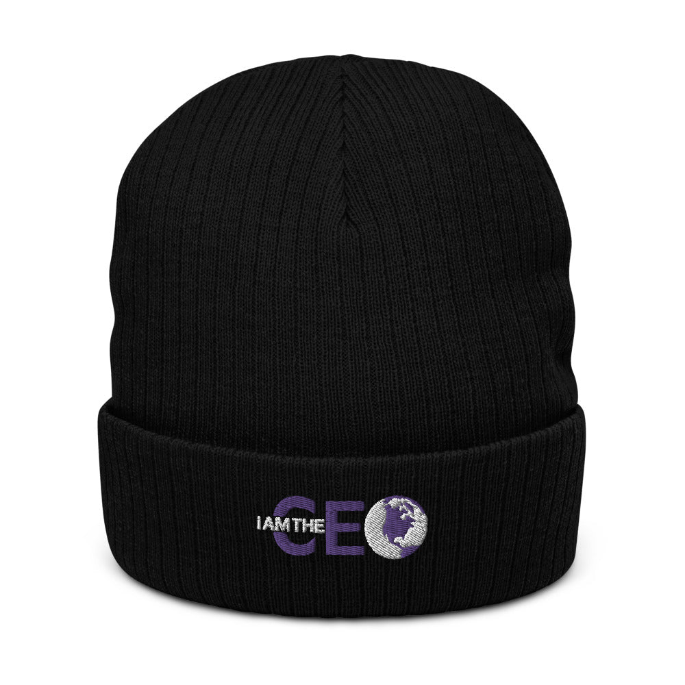 I AM THE CEO Recycled cuffed beanie Purple logo