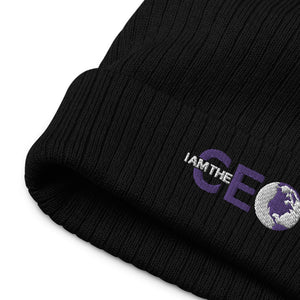 I AM THE CEO Recycled cuffed beanie Purple logo