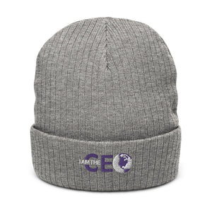 I AM THE CEO Recycled cuffed beanie Purple logo